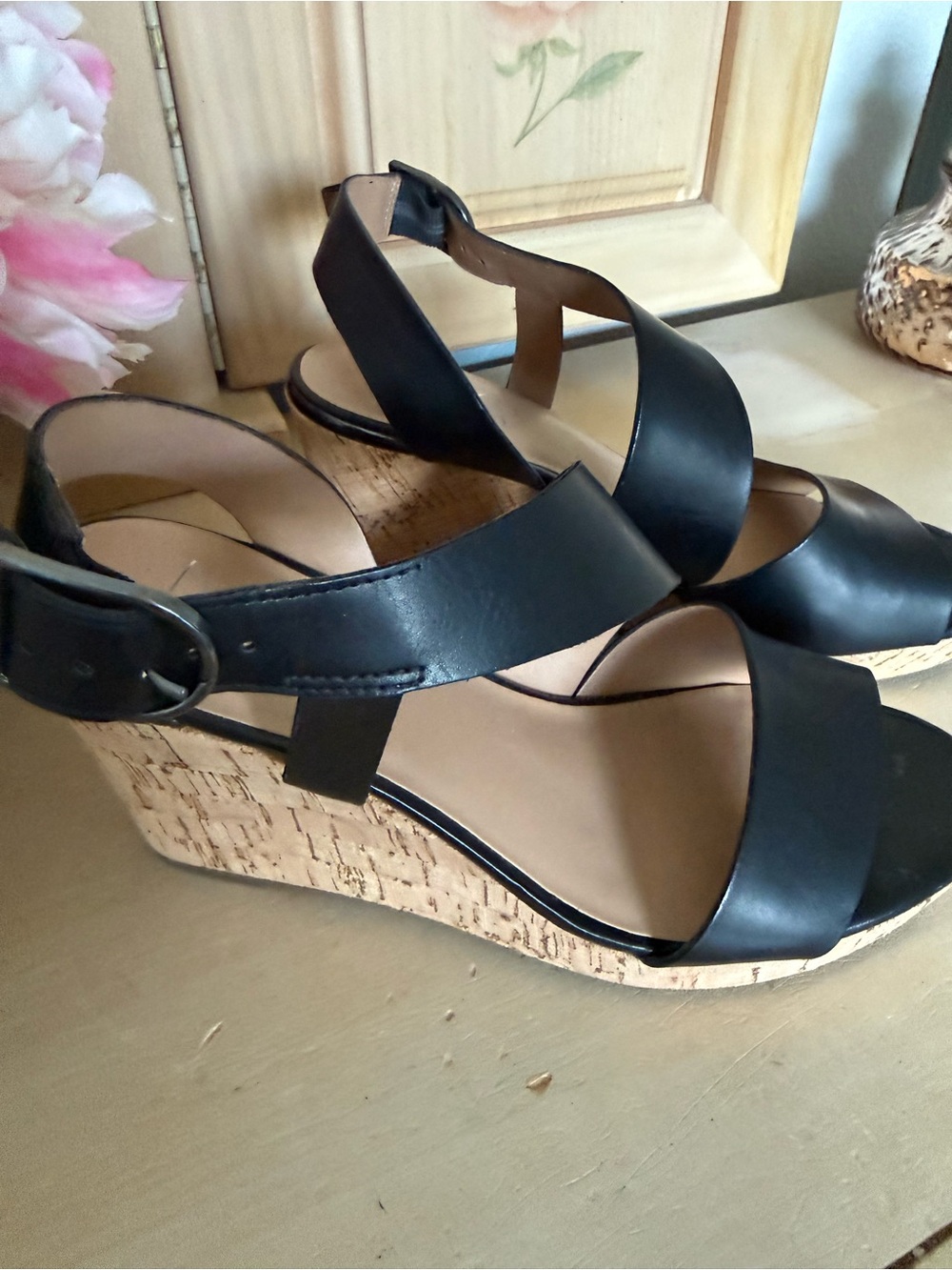 Women's Black Cork Wedge Sandals